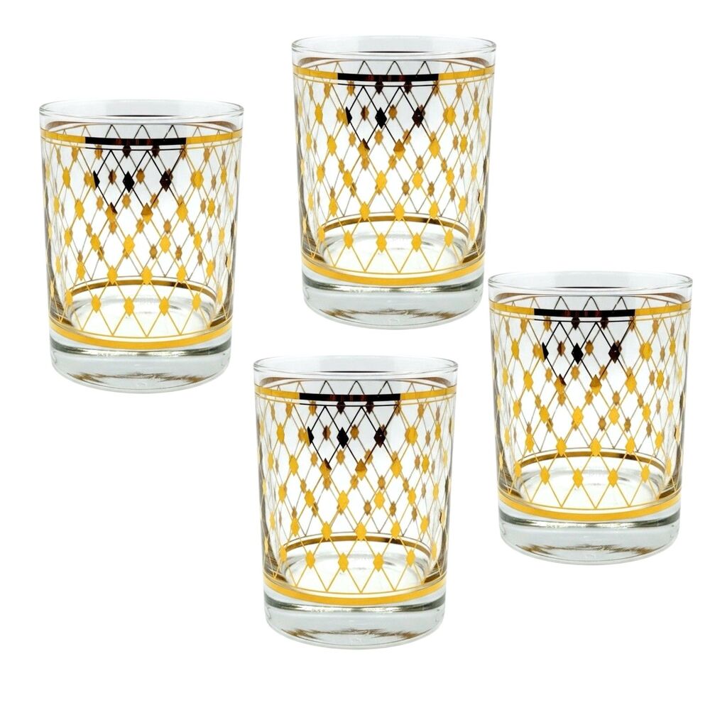 Set of 4 Georges Briard Double Old Fashioned Glass Gold Lattice Diamond Pattern